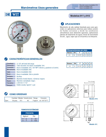 Manómetro 915V/40/7Kg/cm2