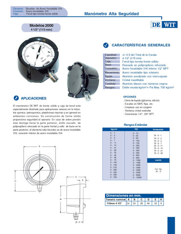 Manómetro Alta Seguridad – Modelo 2000